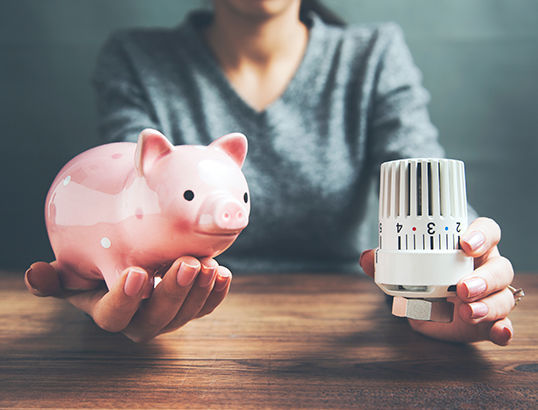 Photo of a woman carrying a piggy bank and a temperature controller